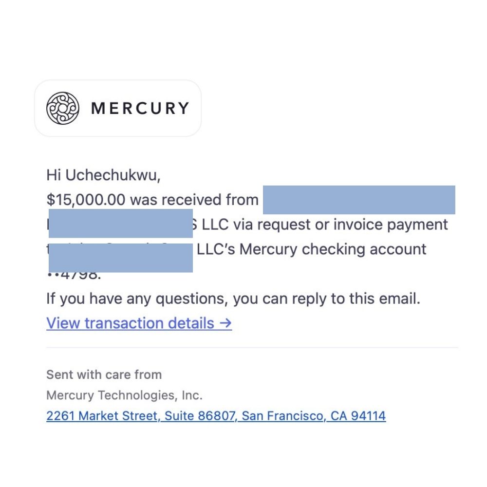 Mercury email confirming $15,000 received via request or invoice payment, with sender and account details redacted